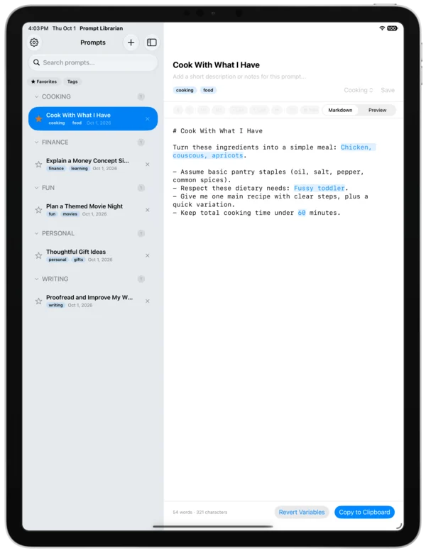 Prompt Librarian on iPad: the prompt sidebar beside a Markdown prompt with its variables filled in.
