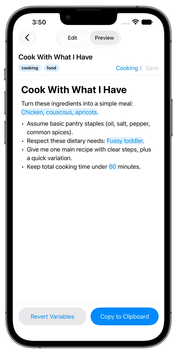 Prompt Librarian on iPhone: a prompt in preview mode with its variables filled in.