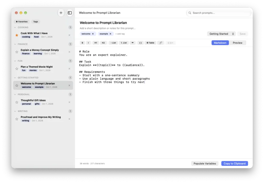 Prompt Librarian on macOS: a sidebar of prompts grouped by folder, with a Markdown prompt open in the editor.